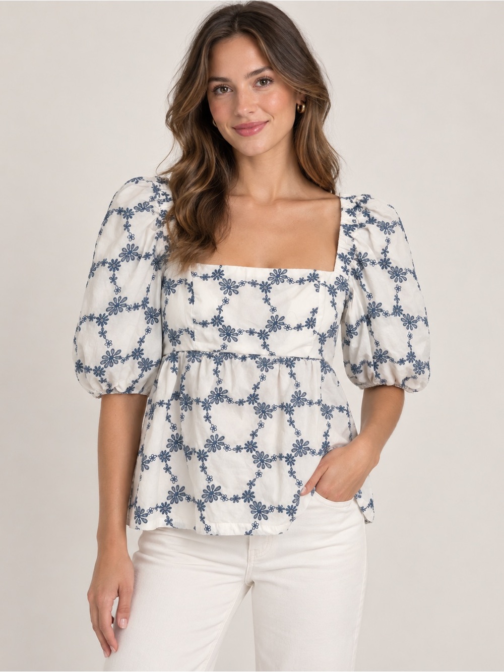Silvia Tcherassi White Blue Embroidered Puff Sleeve Top